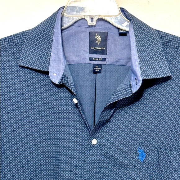 US Polo Assn Button Down Dress Shirt Men XL Slim Fit Blue Square Print Preppy - Picture 2 of 5